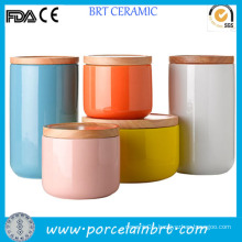 Colorful Glazed Tea Coffee Sugar Ceramic Canister with Bamboo Lid
